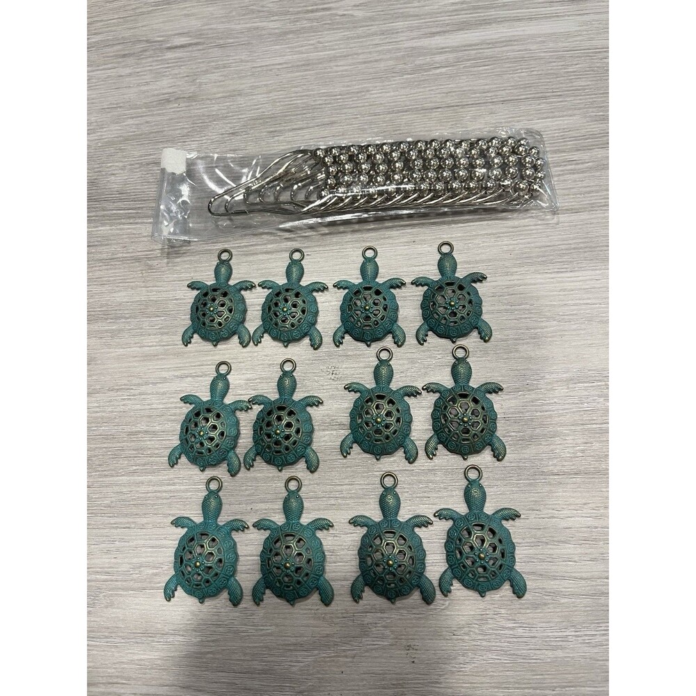 12 Nautical Green Sea Turtles Beach Theme Shower Curtain Hooks, 14 Shower Hooks
